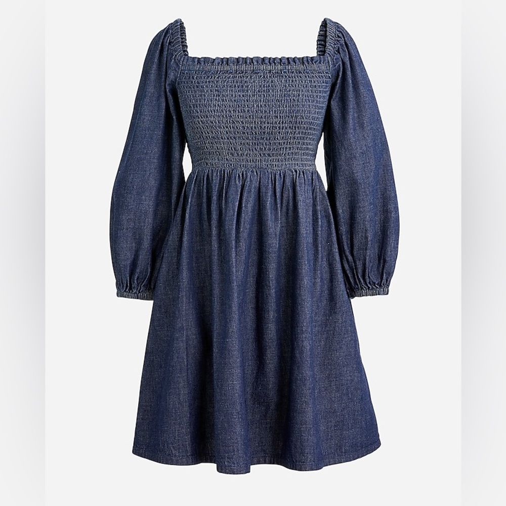 J Crew Smocked Puff Sleeve Dress in Chambray Blue Midi XXS NWT
